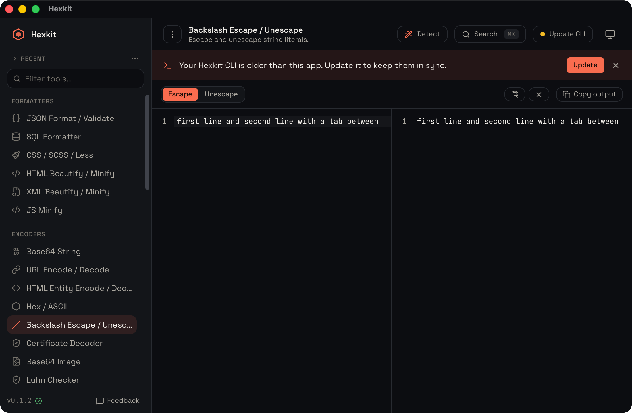 Backslash escape interface screenshot
