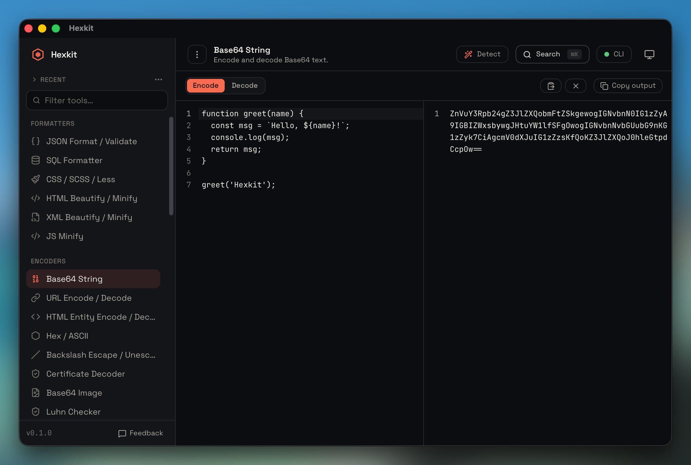 Base64 string interface screenshot