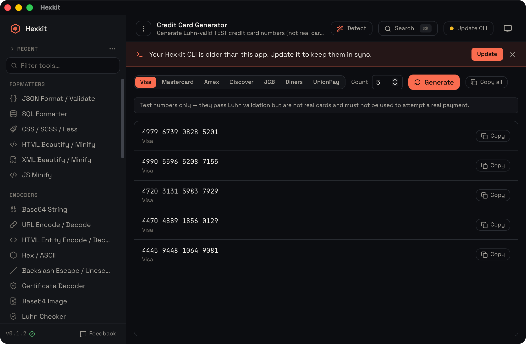 Test credit card numbers interface screenshot