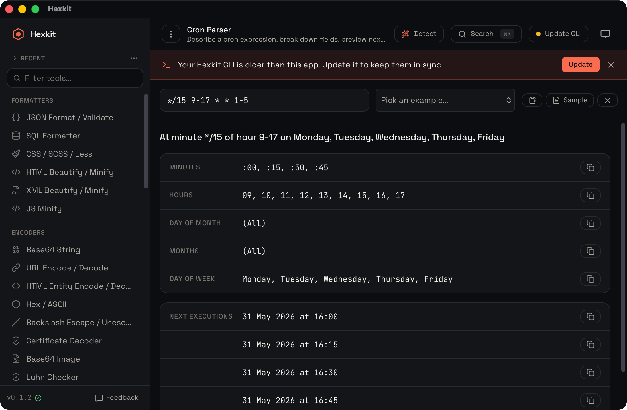 Cron parser interface screenshot