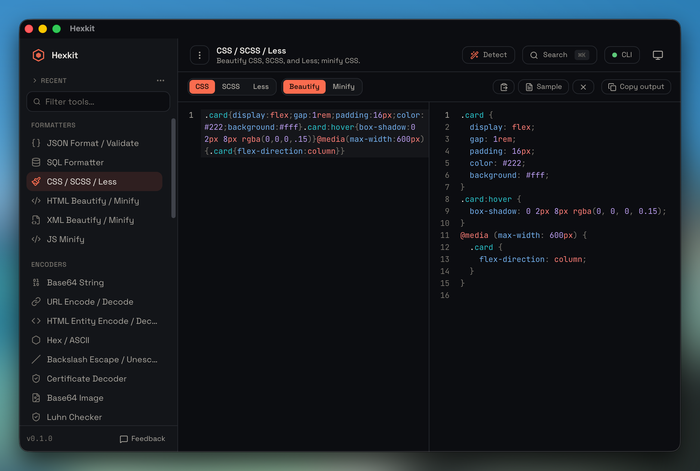 CSS / SCSS / Less beautify interface screenshot