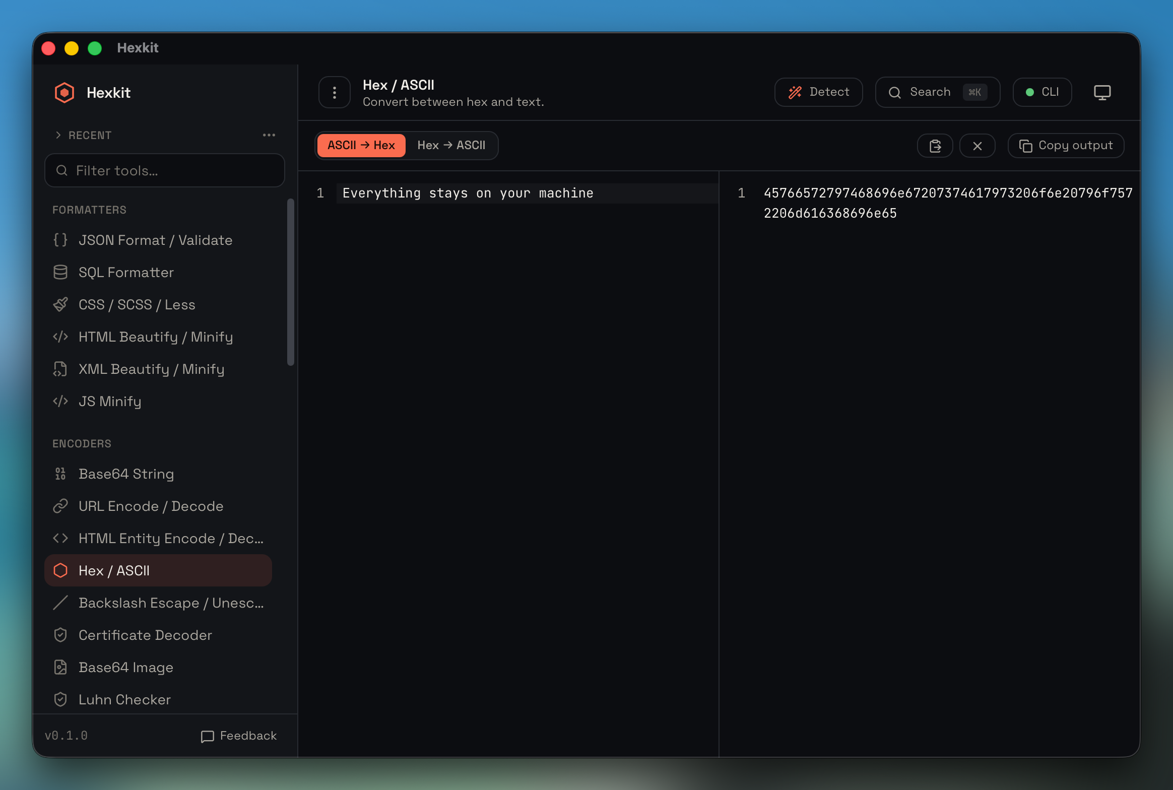 Hex encode / decode interface screenshot