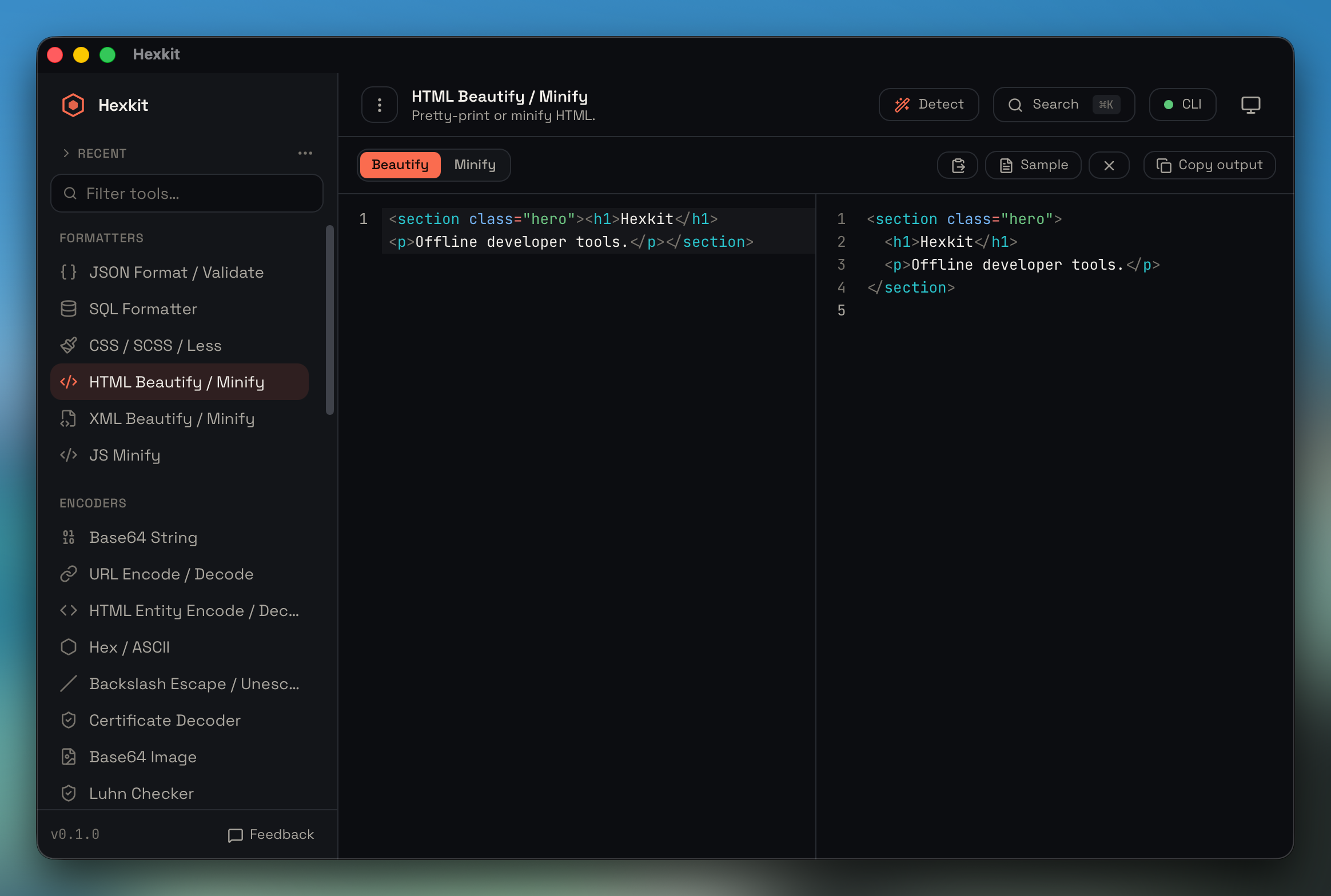 HTML beautify / minify interface screenshot