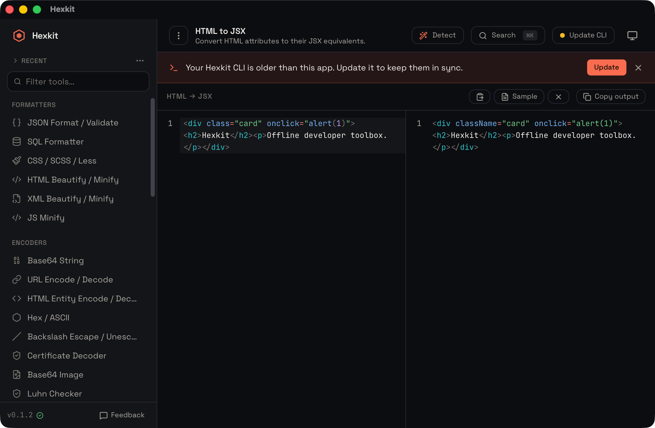 HTML → JSX interface screenshot