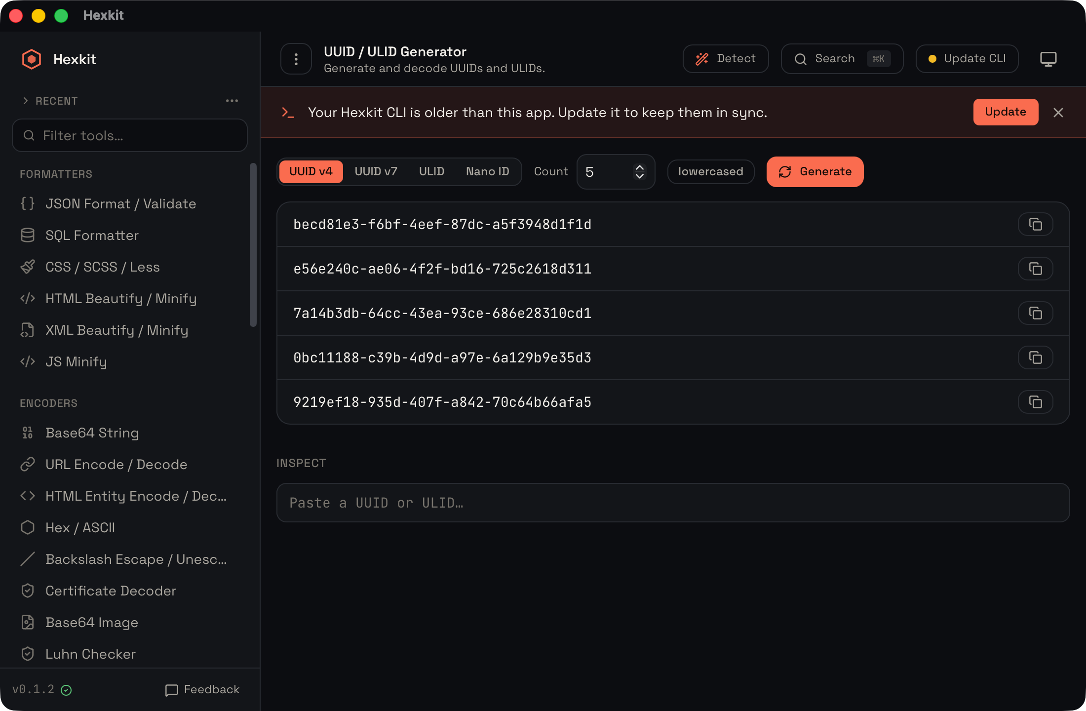 UUID / ULID / Nano ID interface screenshot
