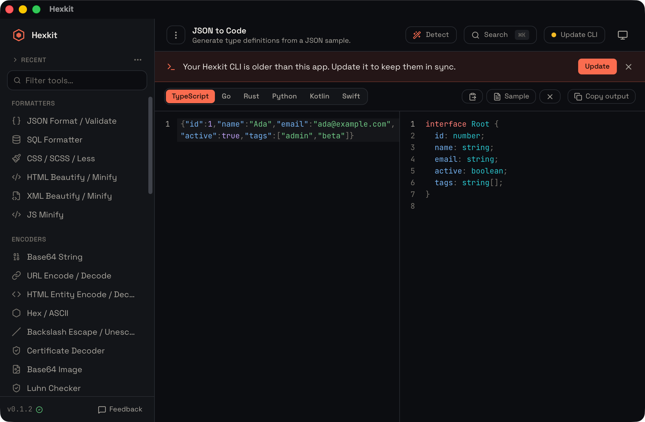 JSON → Code interface screenshot