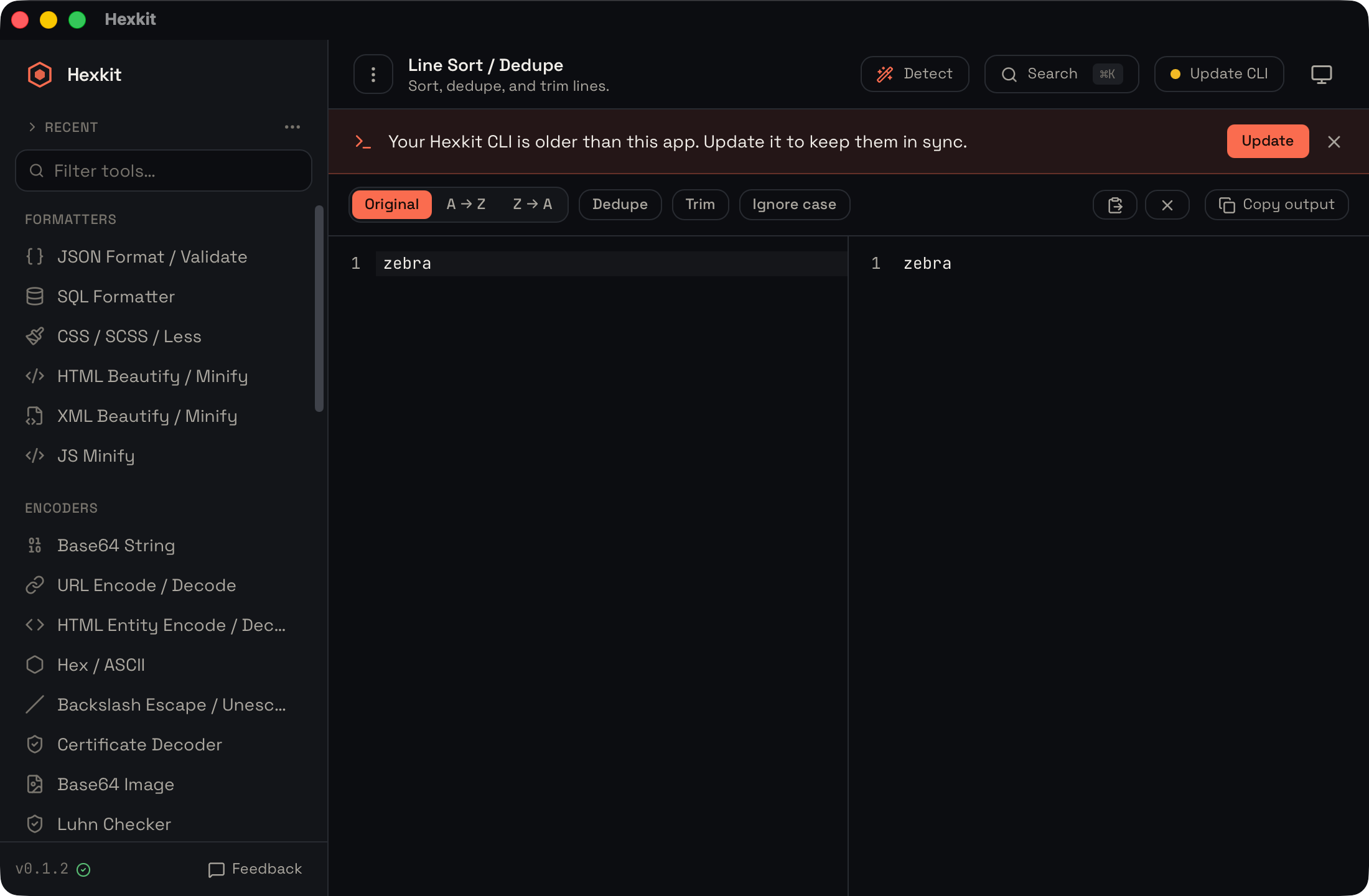Line sort / dedupe / trim interface screenshot