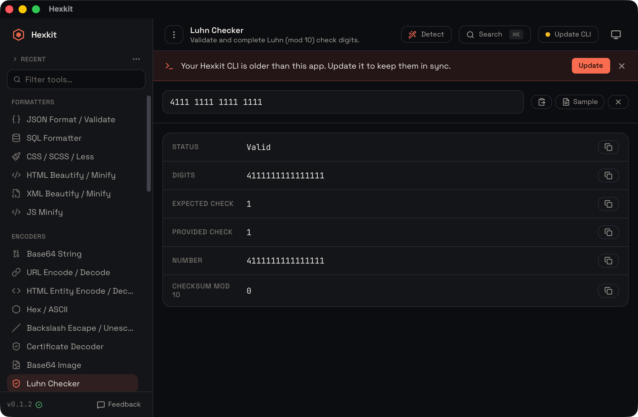 Luhn checker interface screenshot