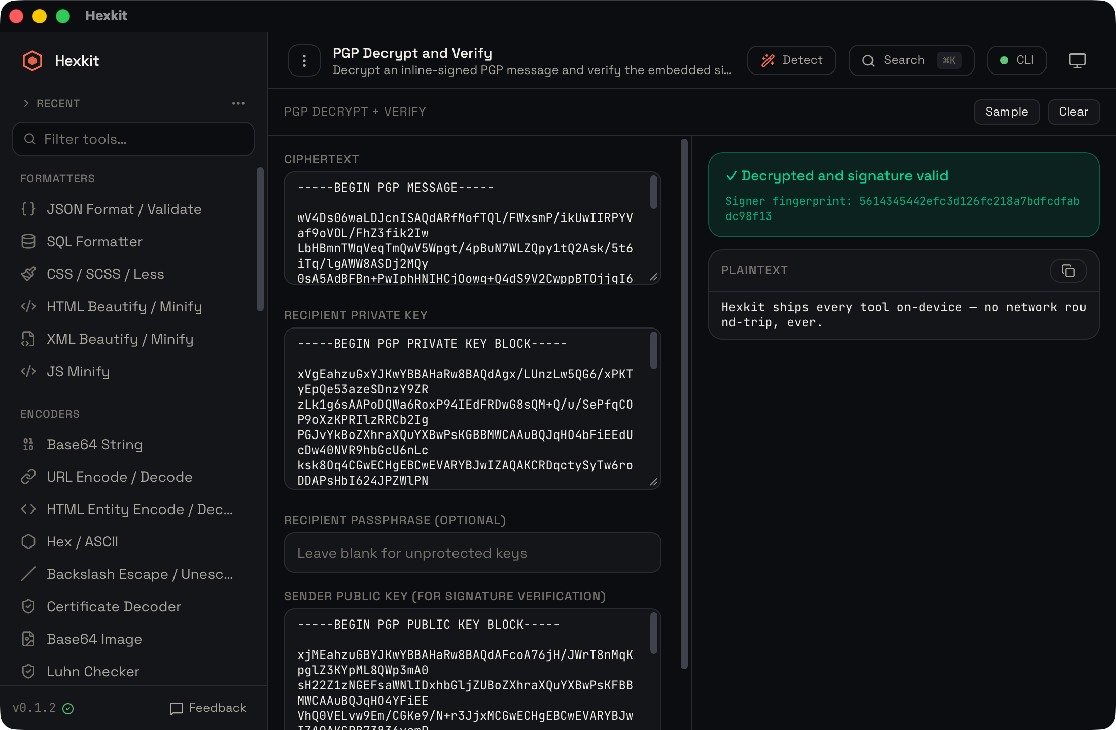PGP decrypt and verify interface screenshot