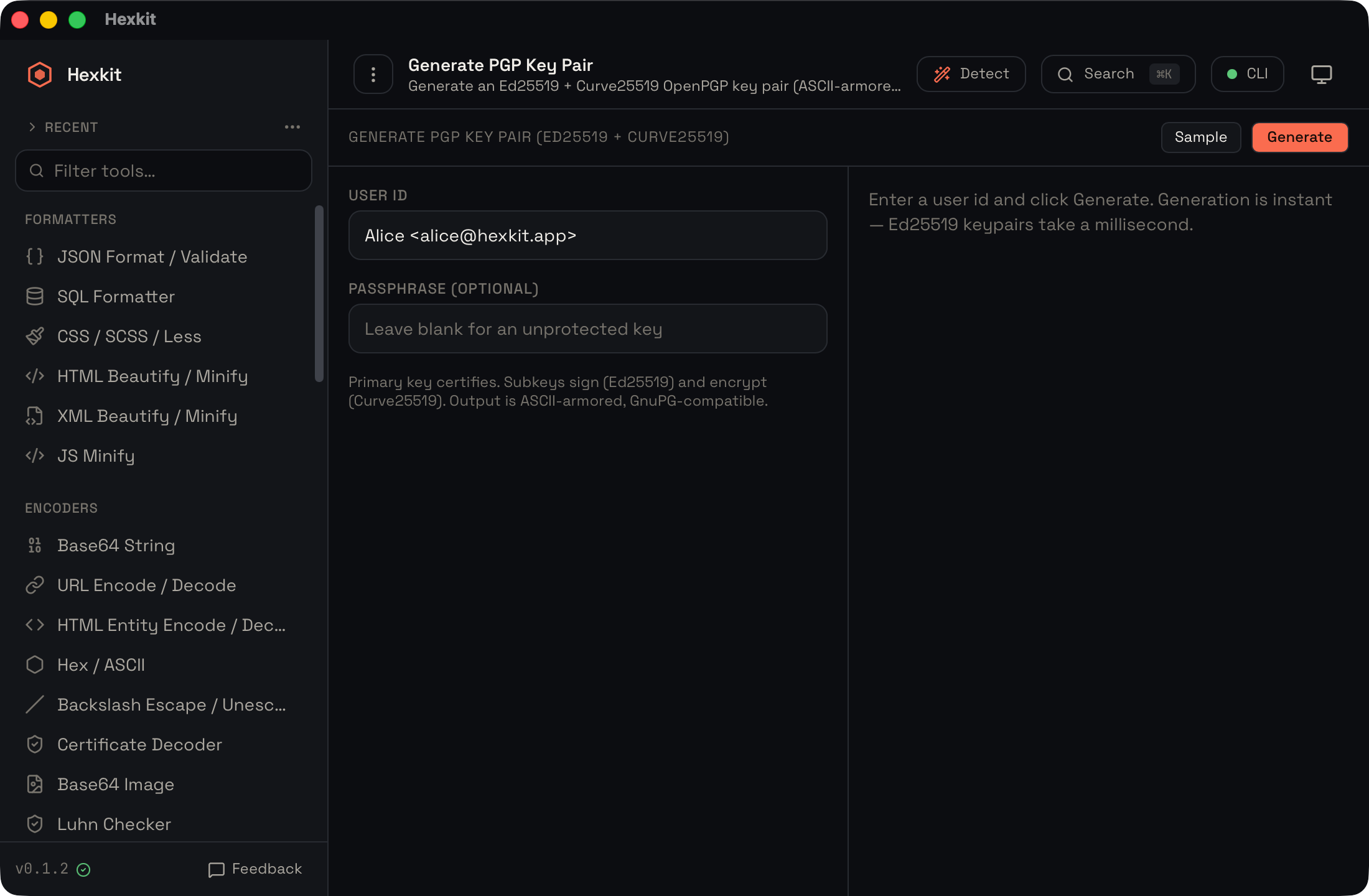 Generate PGP key pair interface screenshot