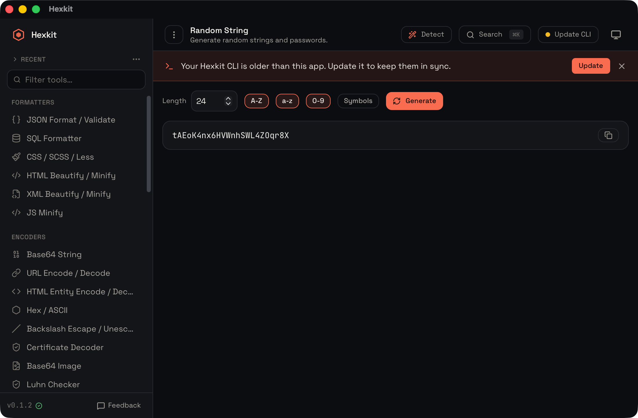 Random string interface screenshot