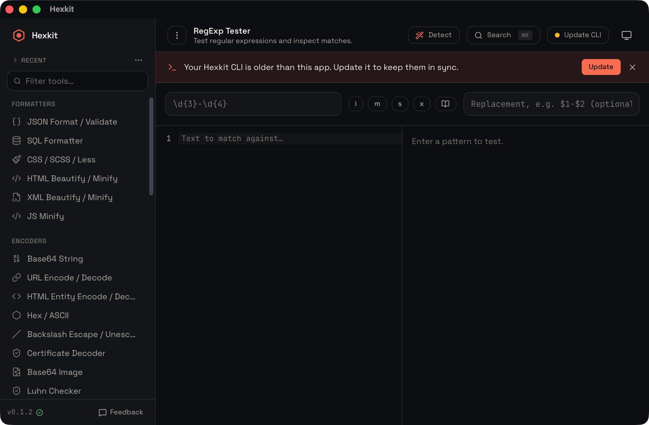 RegExp tester interface screenshot
