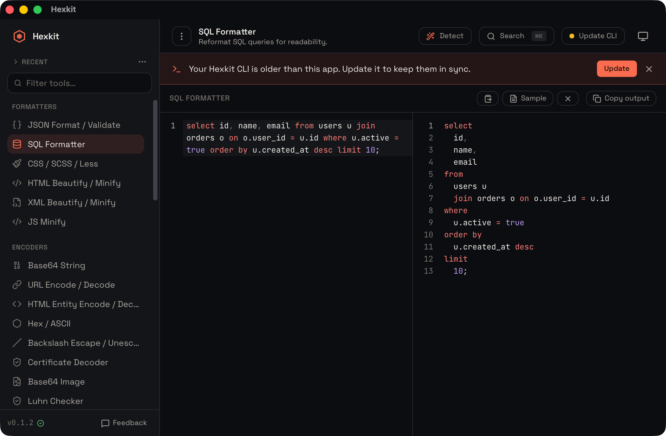 SQL formatter interface screenshot