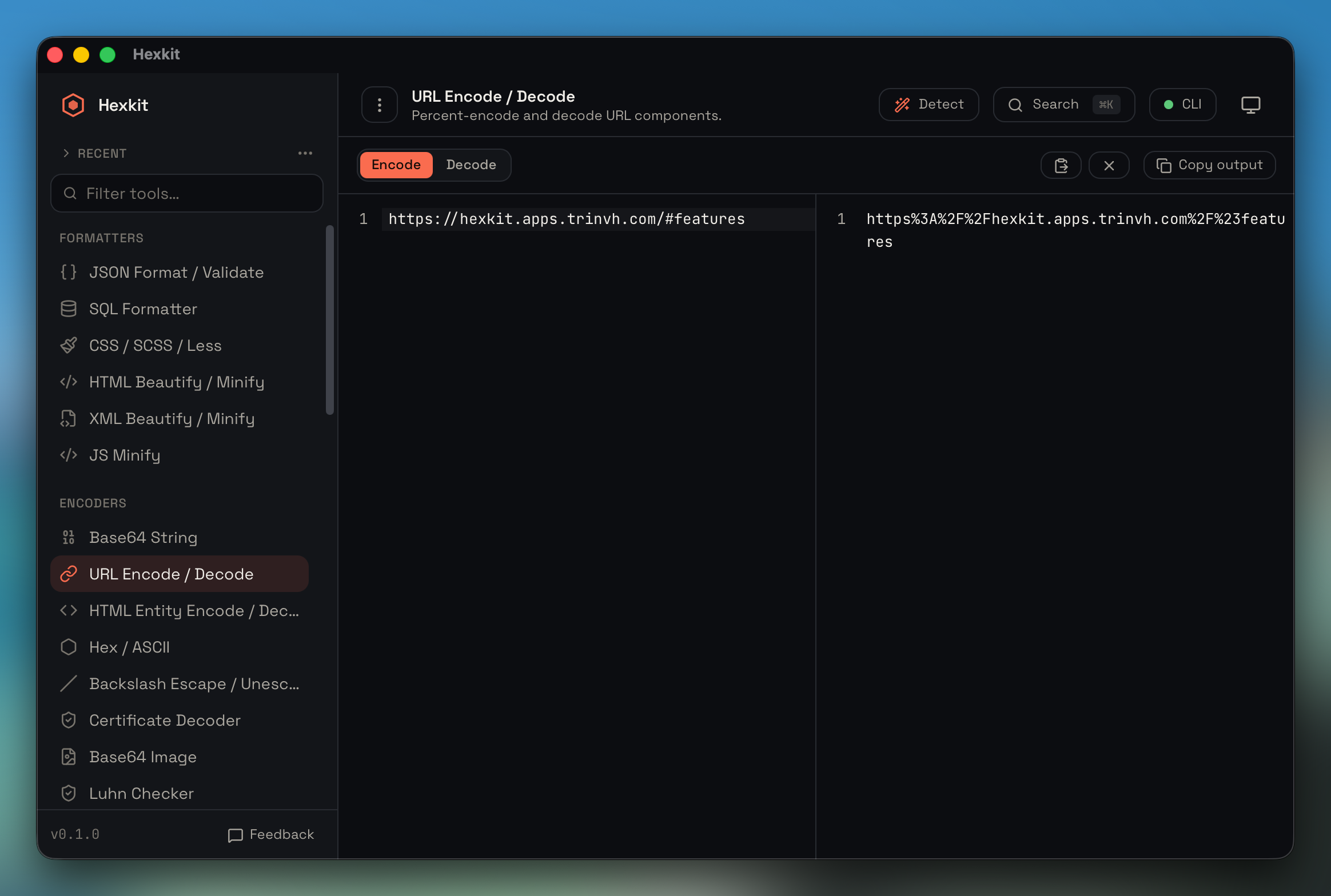 URL encode / decode interface screenshot