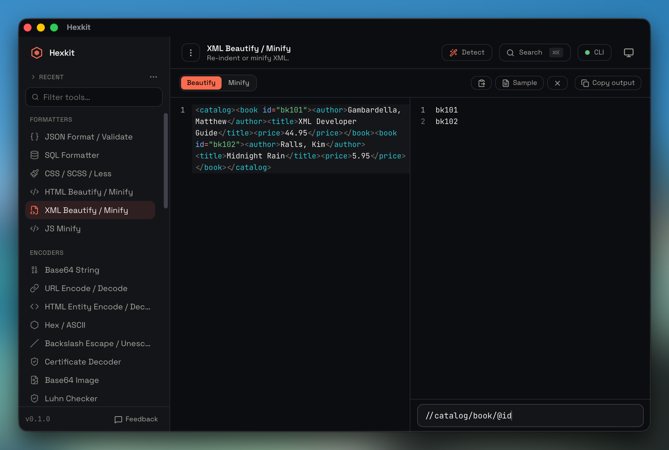 XML formatter interface screenshot