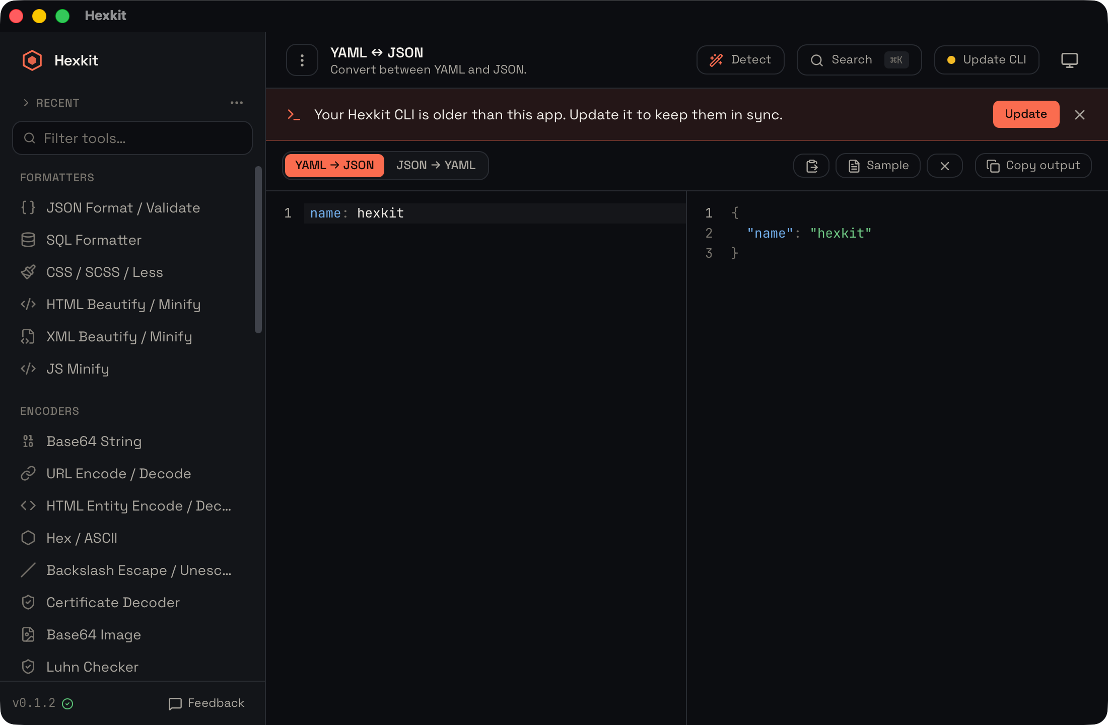 YAML ↔ JSON interface screenshot